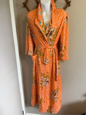 Vintage 70s Orange Floral Polyester Wrap Maxi Robe Dressing Gown S/M